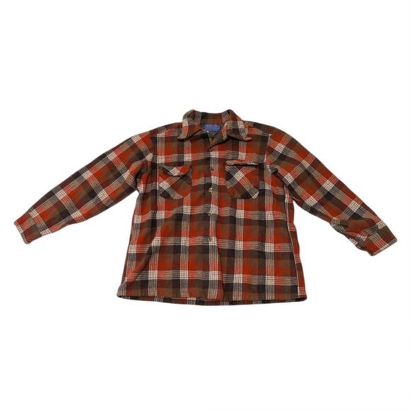 Vintage 1970s Pendleton Wool Board Shirt Flannel Plaid Button Down Orange Cowboy - Picture 1 of 4